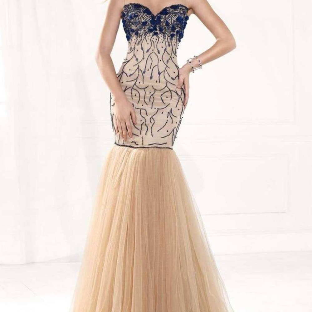 Tarik Ediz Navy and Cream Mermaid Gown